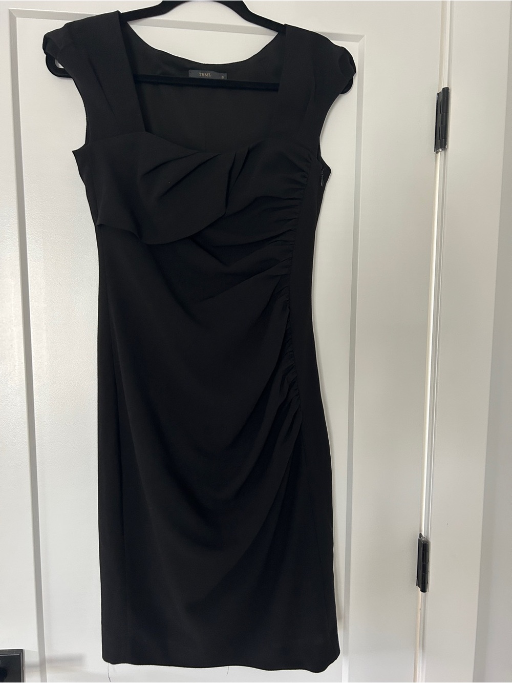 THML Black Ruched Cap-Sleeve Sheath Dress